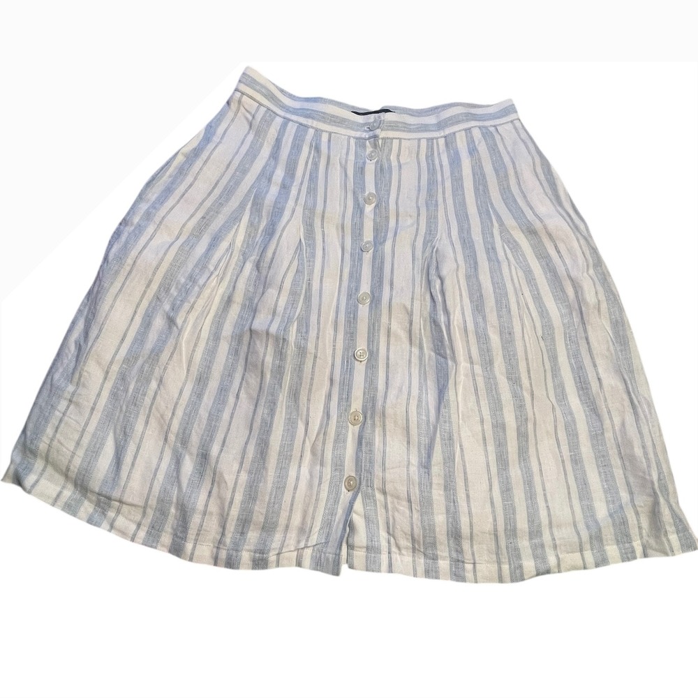 Brooks Brothers Skirt Size 8 Blue Striped Button Front Linen Blend A-Line Preppy